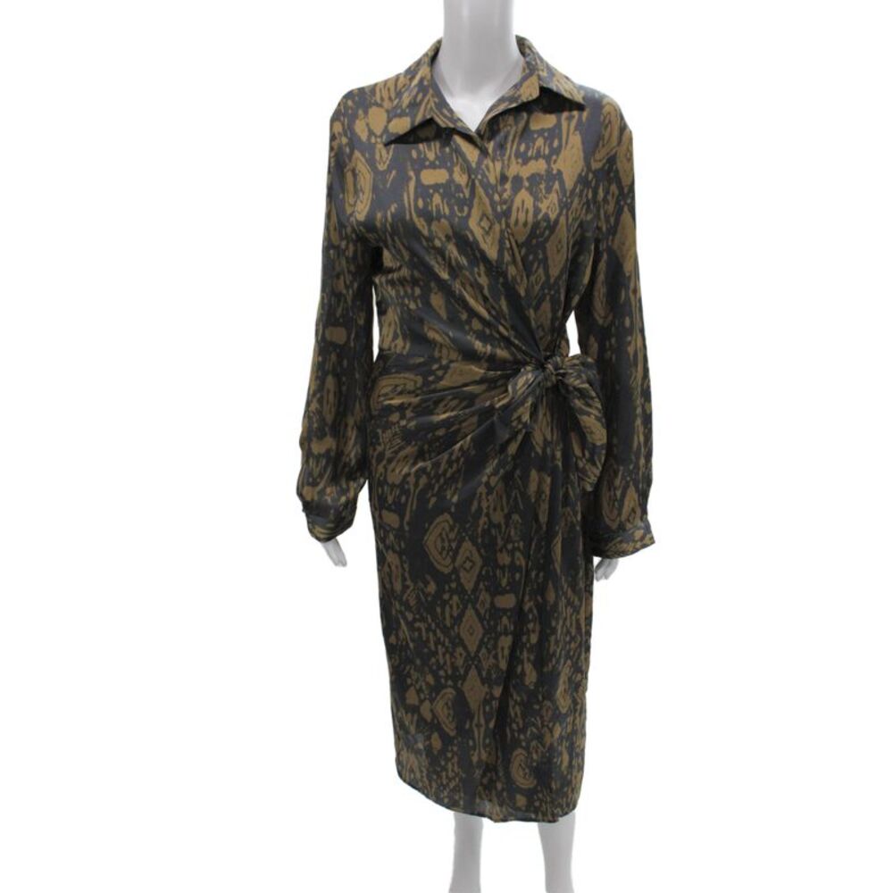 Dress Forum Women Wrap Dress Brown Long Sleeve Collared Geometric Tie Size L